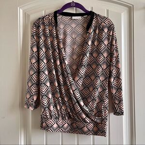 2/$16 New York & Company Pink Print V Neck Faux Wrap Blouse; SZ S; NWOT